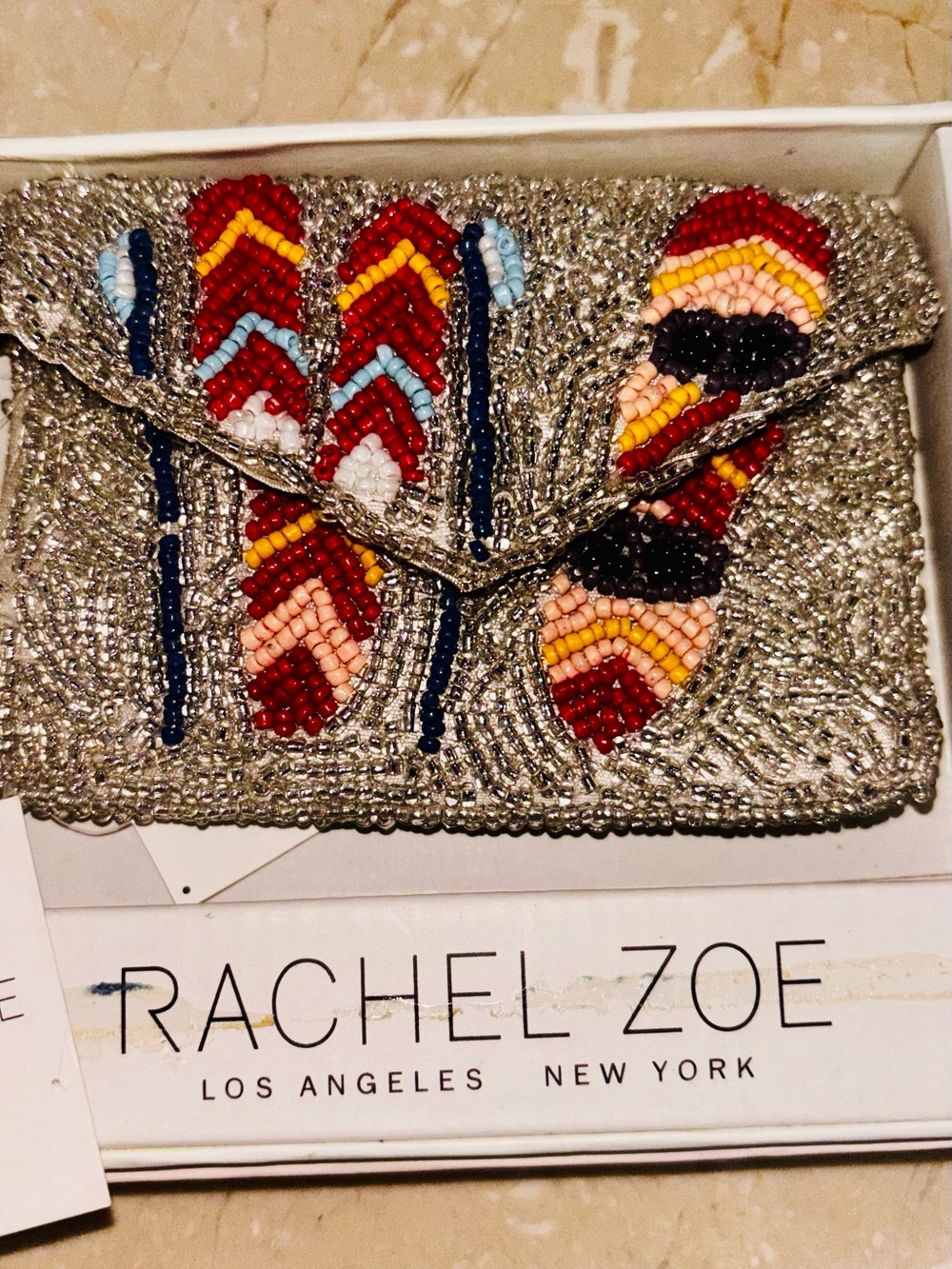 Rachel Zoe Ski Silver Beaded Card Case with Red, Yellow & Black Bead Charm NIB - Picture 2 of 5